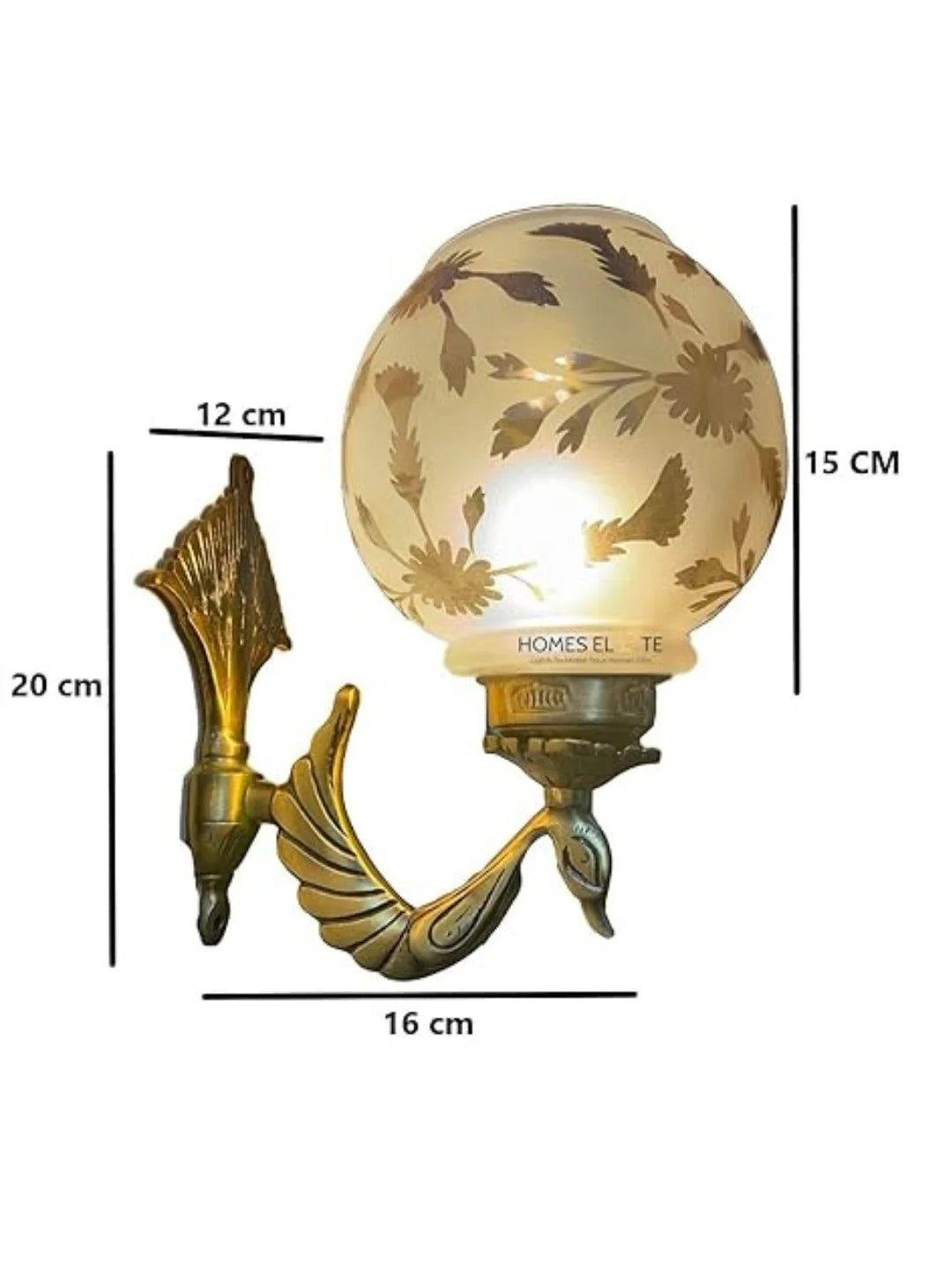 Homes Elite Peacock Wall Light – Brass Gold Finish with Floral Glass Shade (Pack of 2)