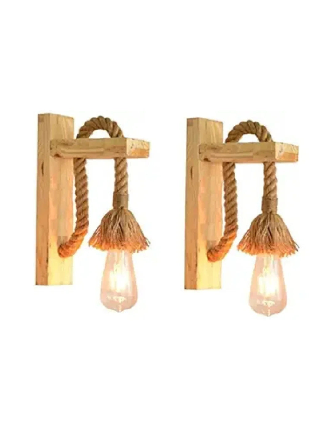 Homes Elite Vintage Wooden Wall Lamp – Hemp Rope Sconce Light in Beige (Pack of 2, Bulbs Included)