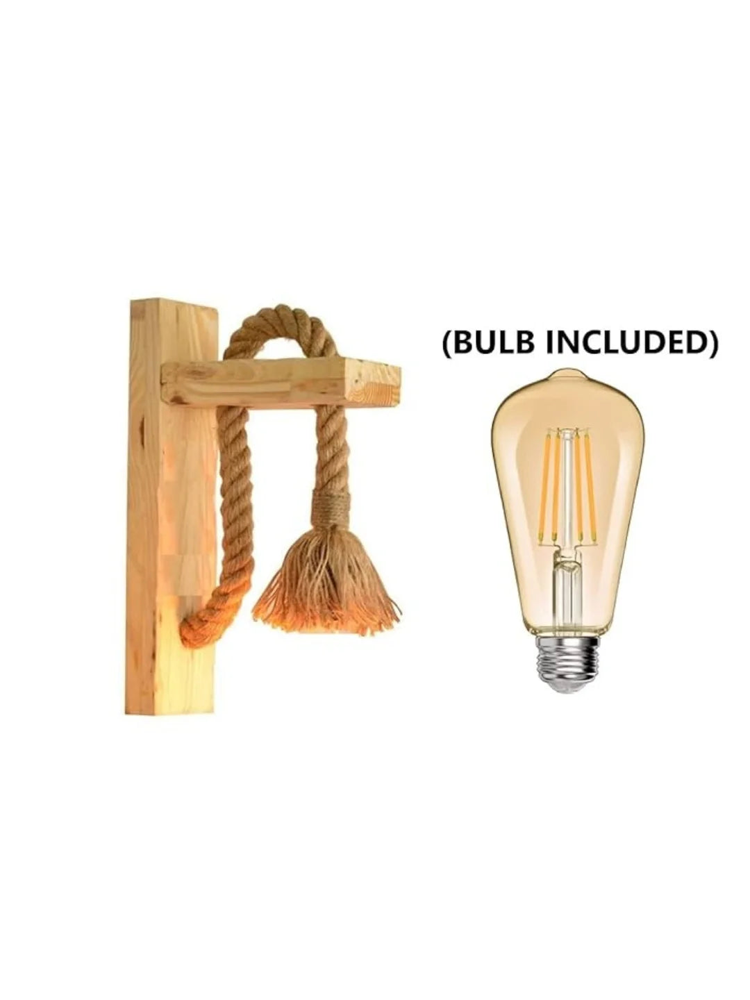 Homes Elite Vintage Wooden Wall Lamp – Hemp Rope Sconce Light in Beige (Pack of 2, Bulbs Included)