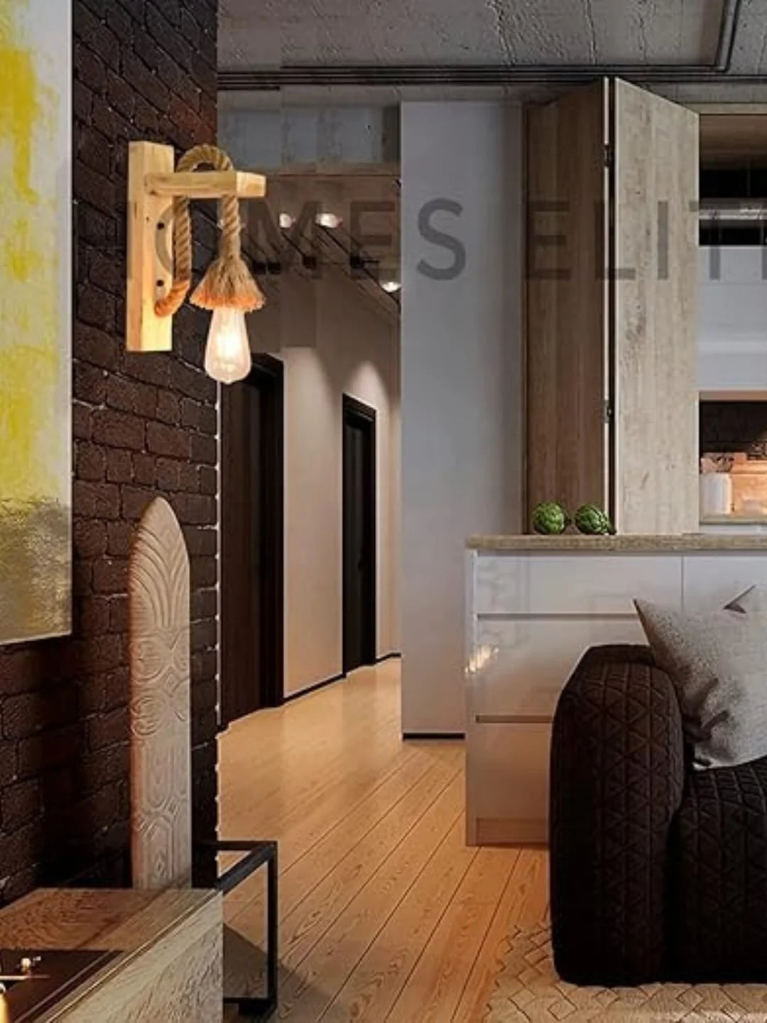 Homes Elite Vintage Wooden Wall Lamp – Hemp Rope Sconce Light in Beige (Pack of 2, Bulbs Included)