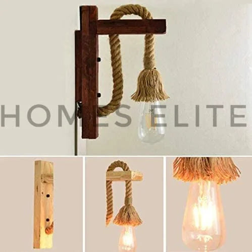 Homes Elite Vintage Wooden Wall Lamp – Hemp Rope Sconce Light in Beige (Pack of 2, Bulbs Included)