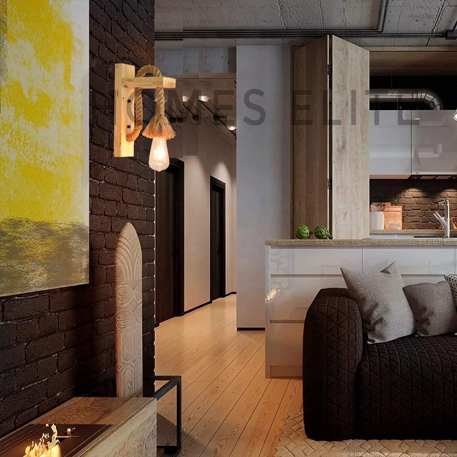 Homes Elite Vintage Wooden Wall Lamp – Hemp Rope Sconce Light in Beige (Pack of 2, Bulbs Included)