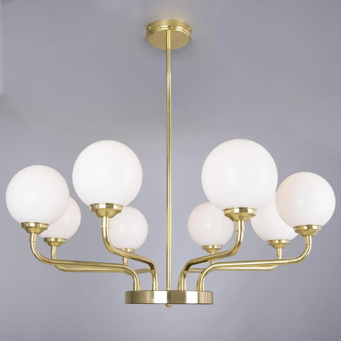 Homes Elite 8-Light Globe Chandelier – Modern Gold Brass Finish with White Glass Shades for Living & Dining Room