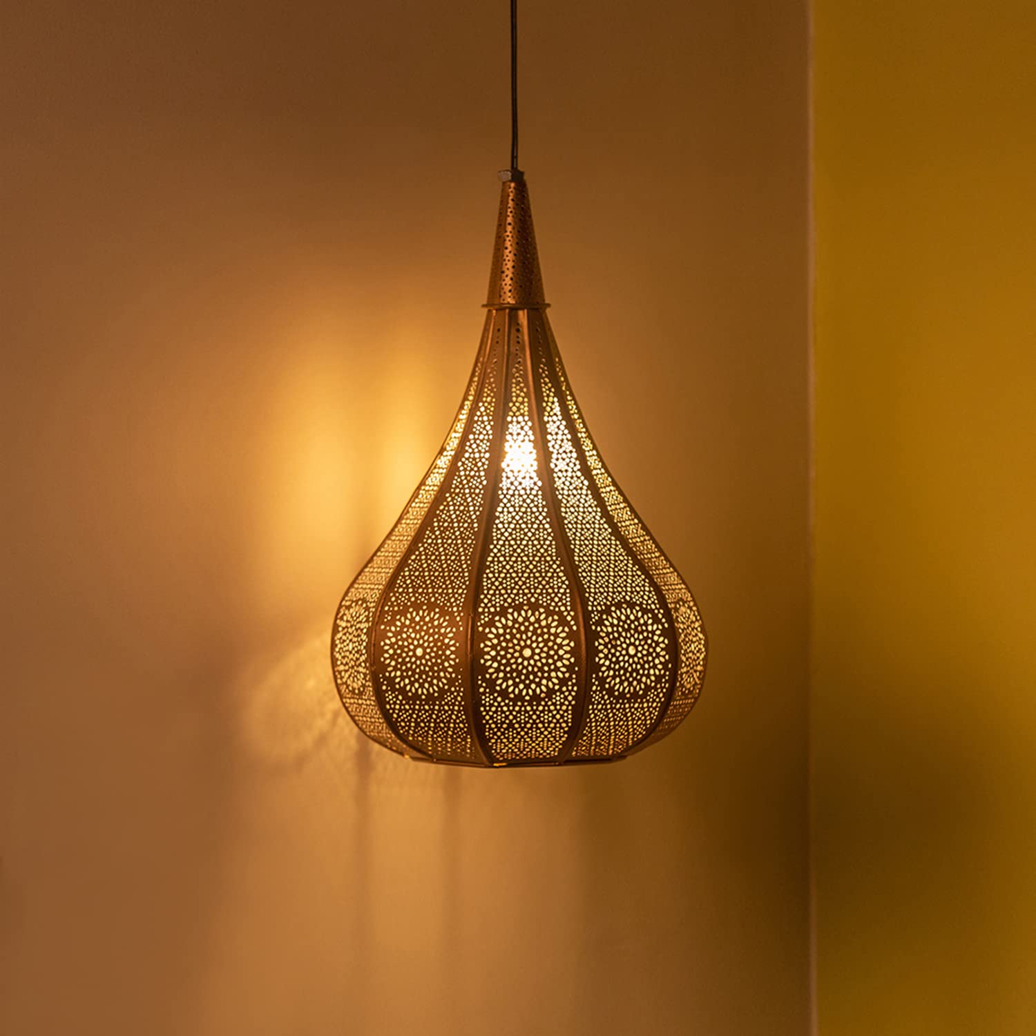 Homes Elite Moroccan Teardrop Pendant Light Antique Brass Hanging Lamp for Warm, Ambient Living Spaces