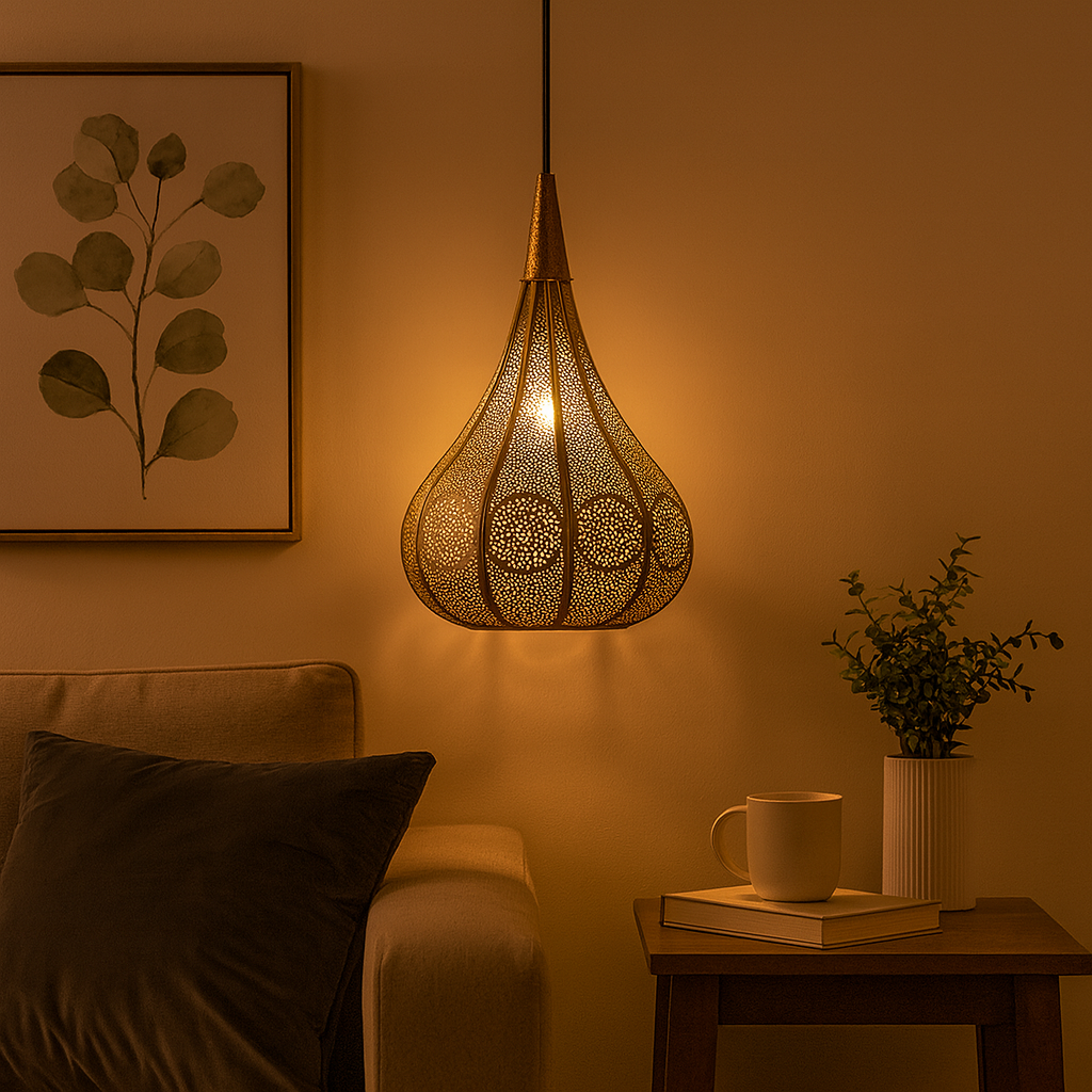 Homes Elite Moroccan Teardrop Pendant Light Antique Brass Hanging Lamp for Warm, Ambient Living Spaces