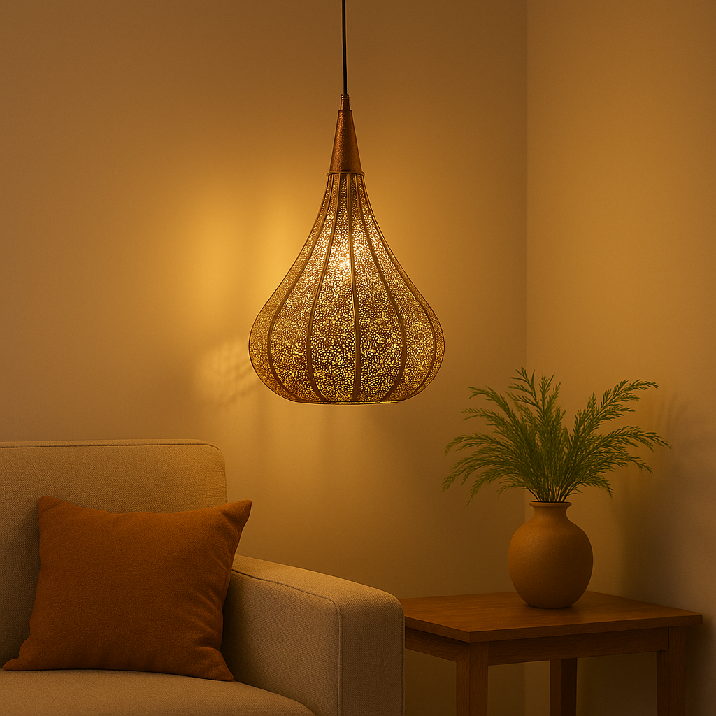Homes Elite Moroccan Teardrop Pendant Light Antique Brass Hanging Lamp for Warm, Ambient Living Spaces